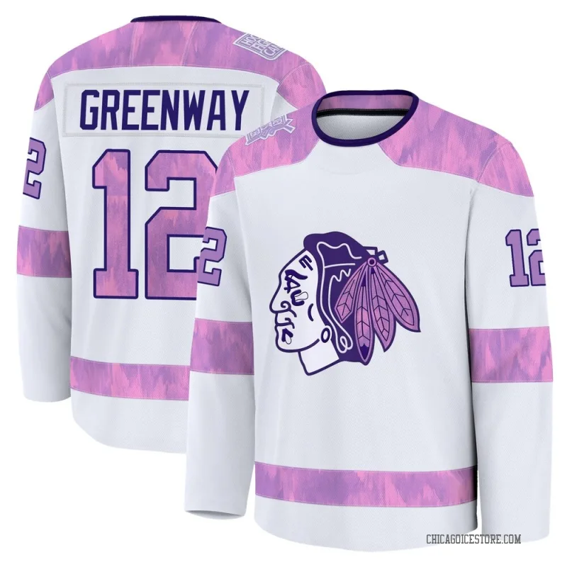 White Youth Jordan Greenway Chicago Blackhawks Premium 2024 Hockey Fights Cancer Practice Jersey